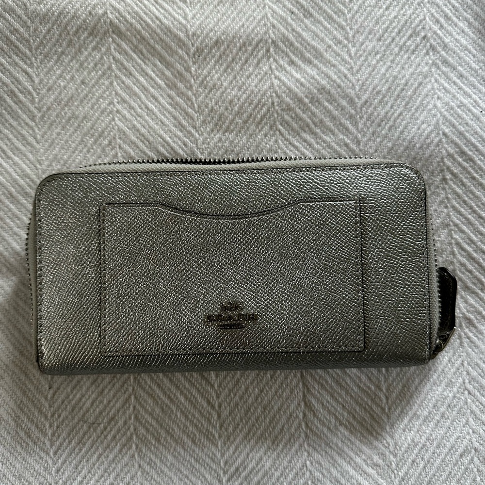 Coach Metallic Silver Zip-Around Leather Wallet